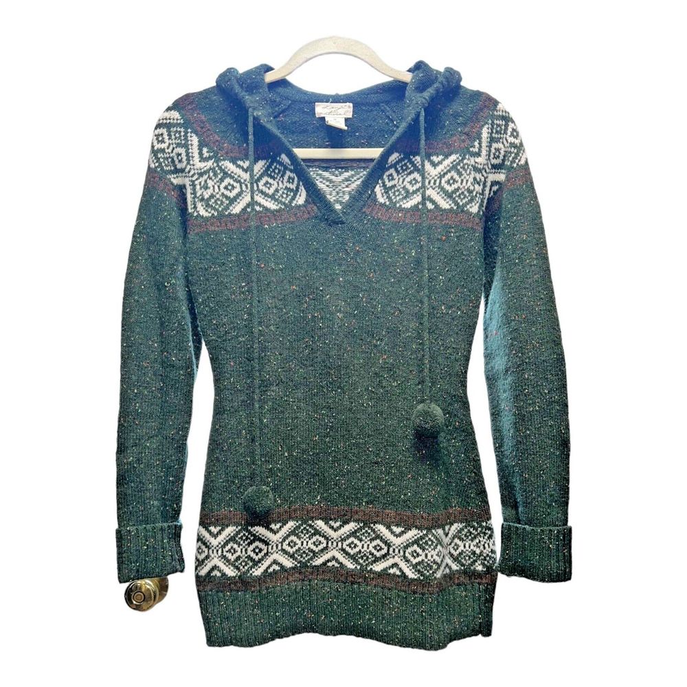 Kenji Natural Wool Blend Hooded‎ Sweater w/ Pom Pom Ties Green Vintage Sz M VTG